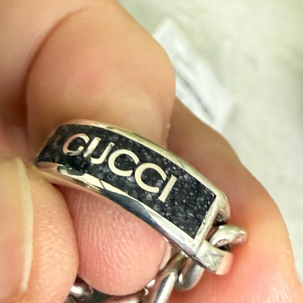 Gucci 678711 Unisex Sterling Silver Chain Ring with Black plaque,‎ SZ 15